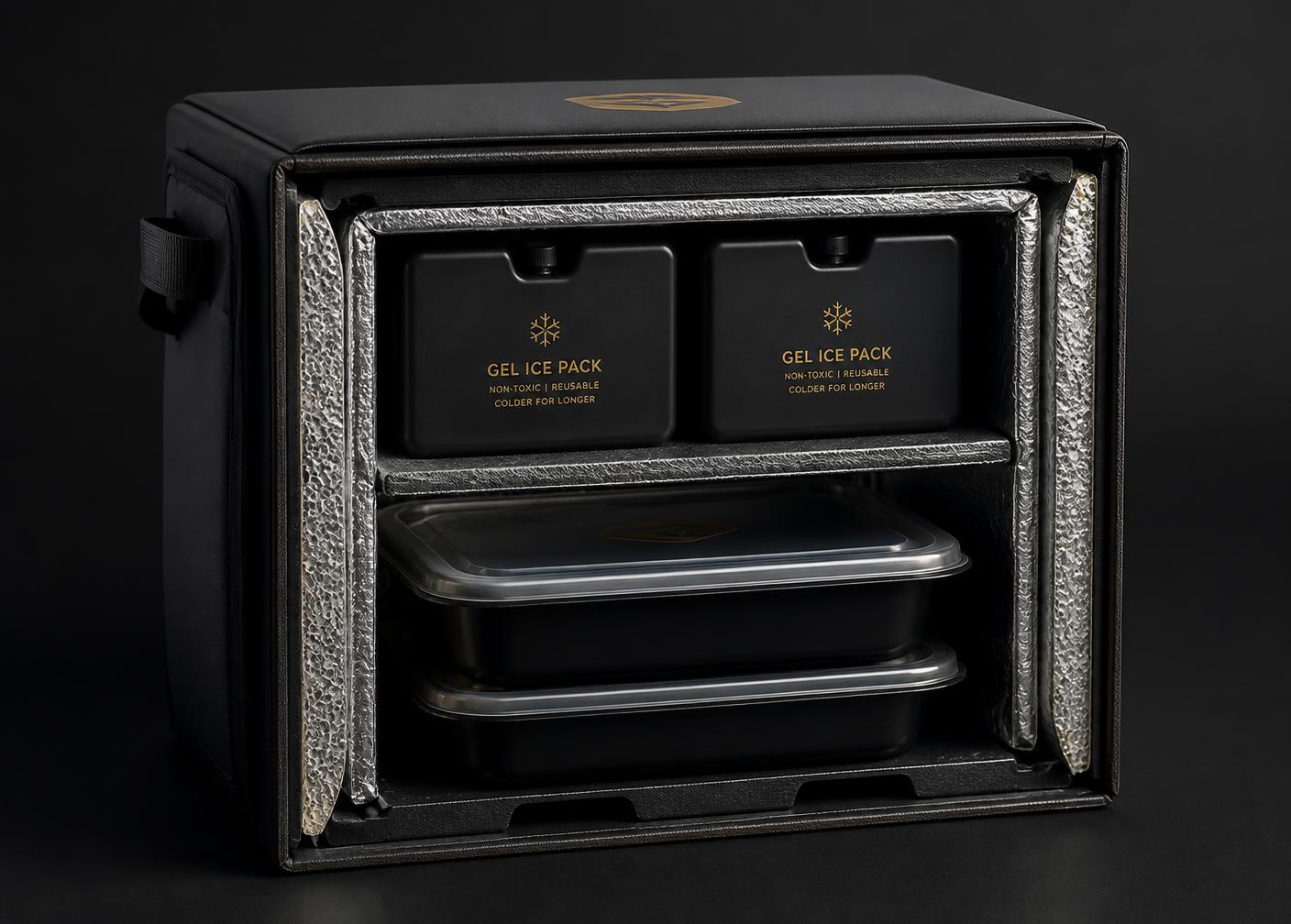 Cutaway of The Grill Box showing thermal lining and reusable ice packs