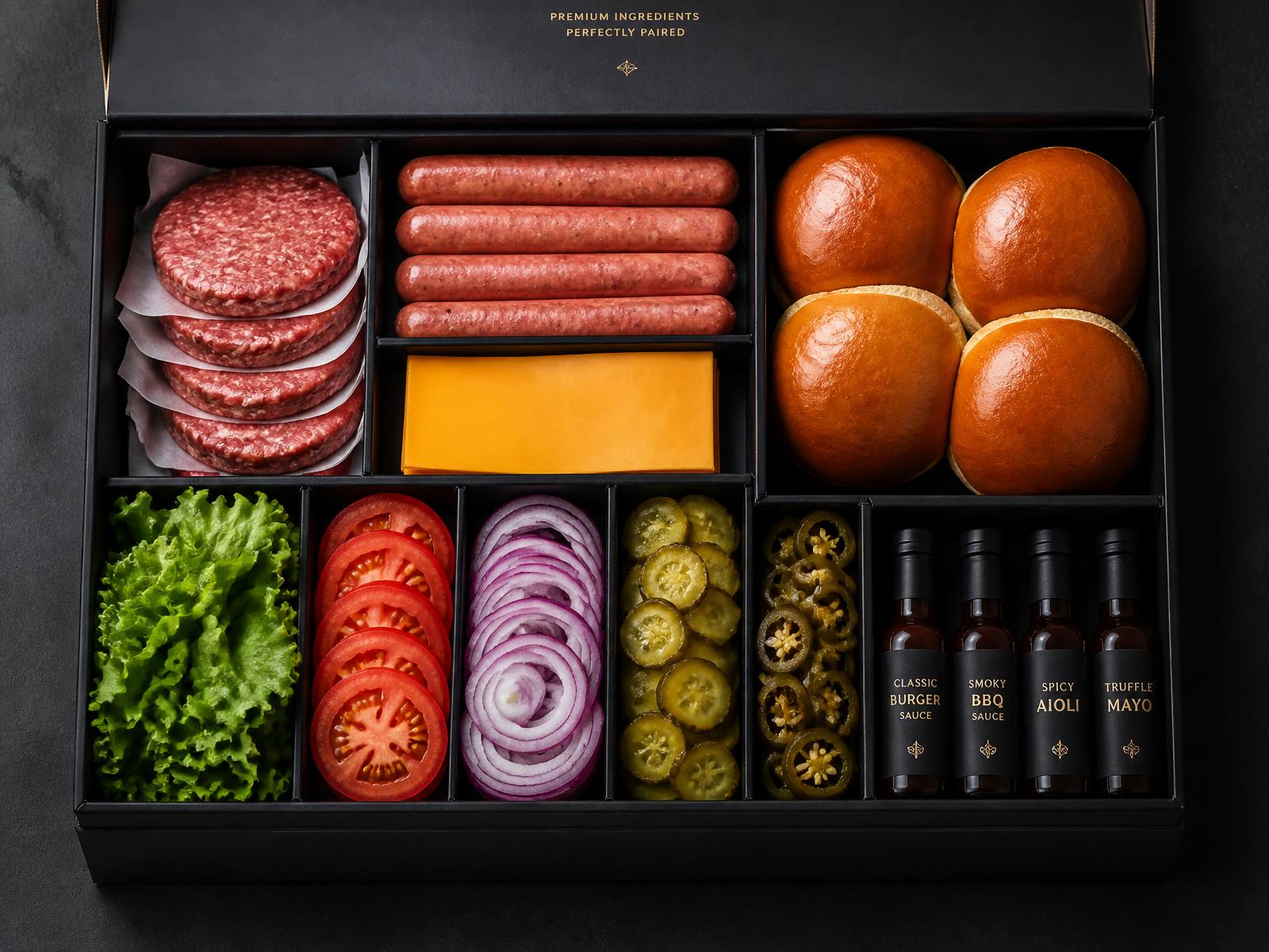 The Grill Box open, showing burgers, hot dogs, brioche, cheddar, fresh toppings and branded sauces