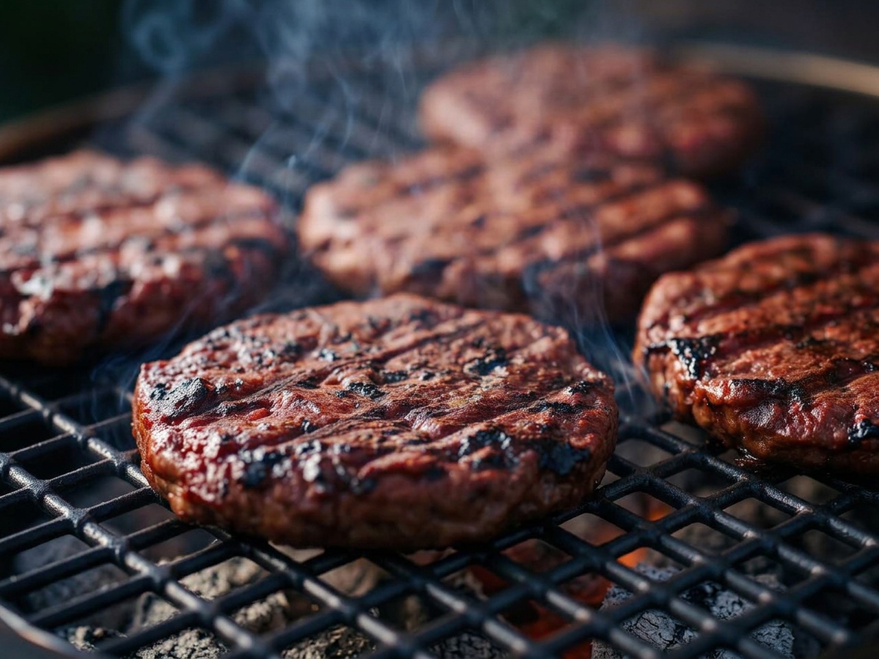 Beef patties and hot dogs cooking over charcoal