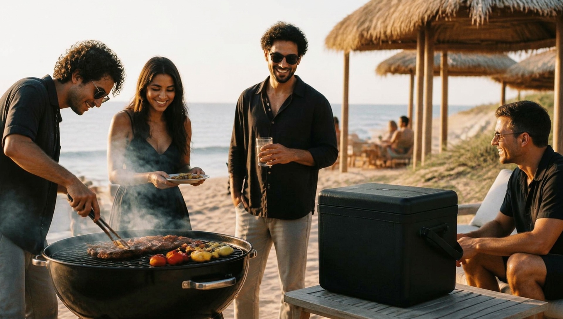 Friends grilling around a charcoal barbecue on an Egyptian North Coast beach at golden hour