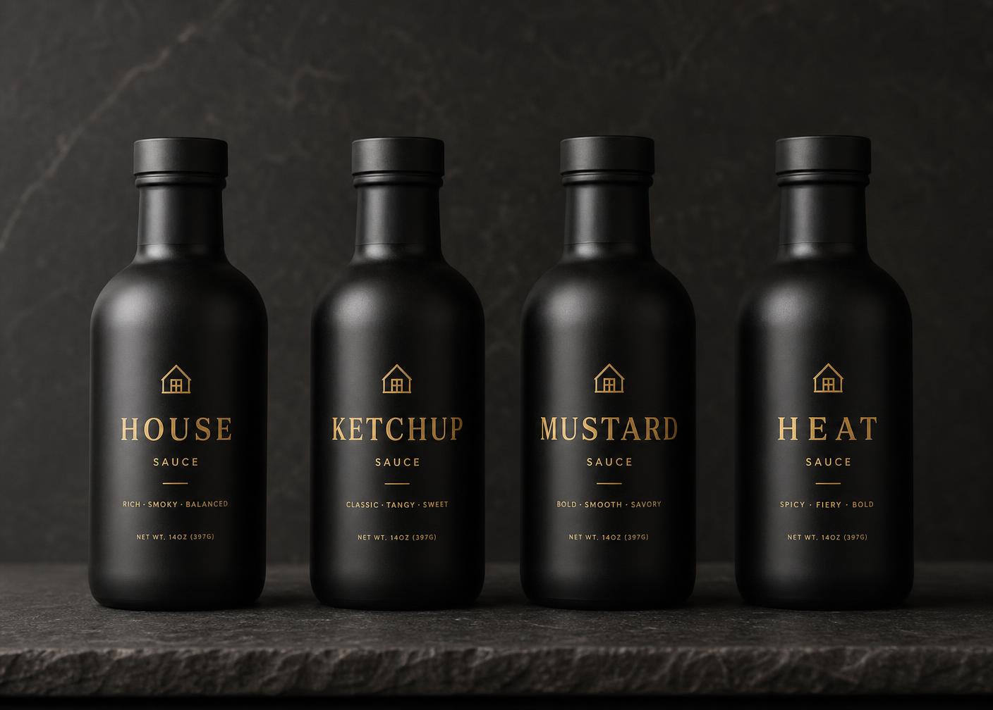 The Grill Box house sauces: HOUSE, KETCHUP, MUSTARD and HEAT in matte black bottles