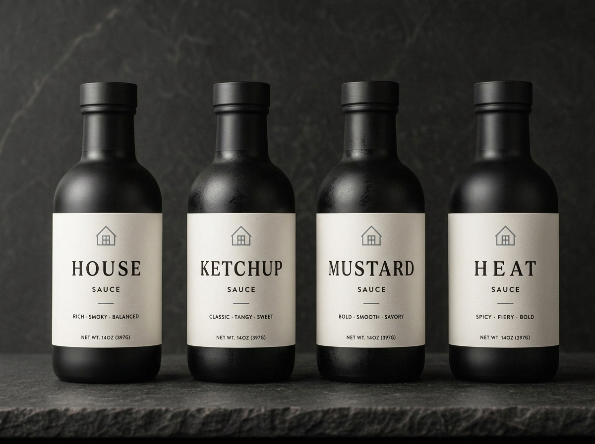 The Grill Box house sauces: HOUSE, KETCHUP, MUSTARD and HEAT in matte black bottles