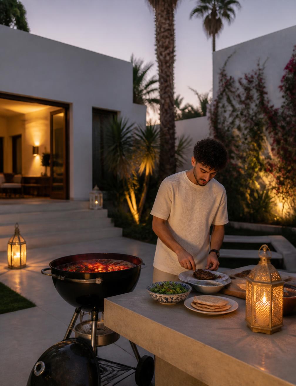 A host grilling at a modern Egyptian villa garden at dusk